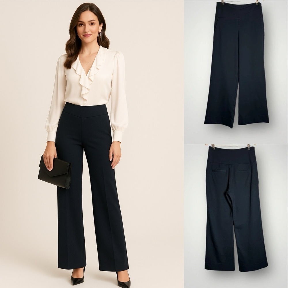 CAbi Coco Wide Leg Trouser Pants Size 12 High Rise Navy Blue Side Zip EUC